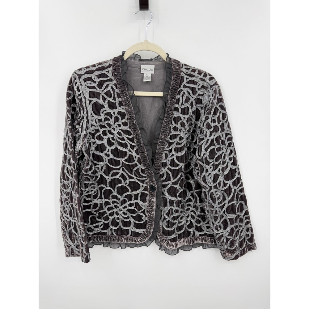 Chico's Velvet Burnout Jacket Women Size 1 Grey Metallic Floral Ruffle Trim